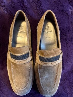 Brunello Cucinelli Tan Suede Penny Loafers with Navy Webbing